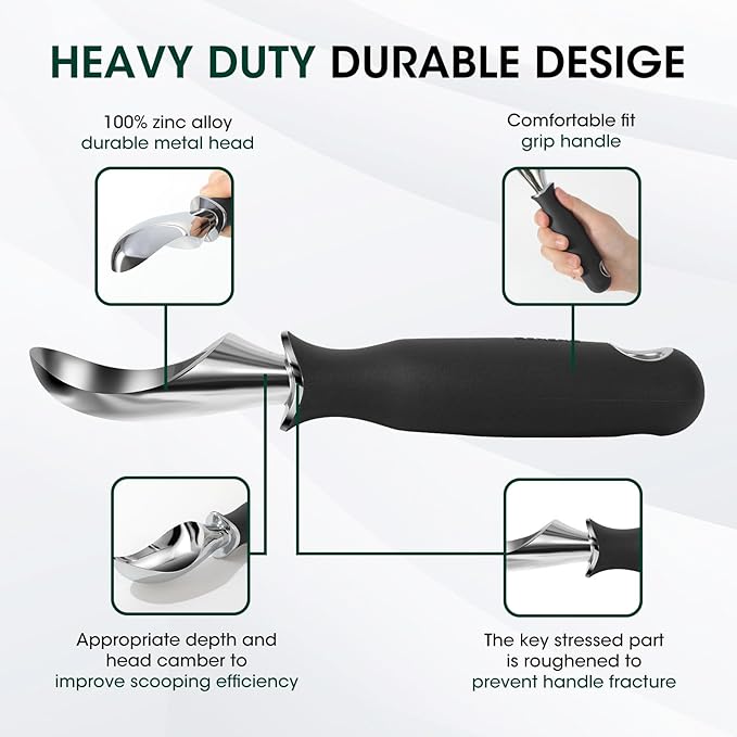 Beneno Heavy Duty Ice Cream Scoop - Upgraded Anti-Fracture Design, Comfortable Grip Long Handle, Effortless Scooping & Dishwasher Safe, Black