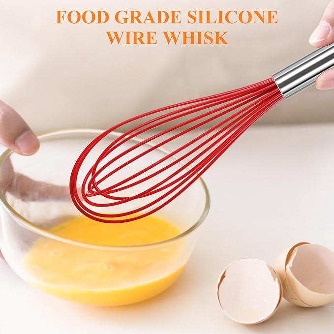 NileHome Whisk Commercial Stainless Steel wisk & Silicone Non-Stick Coated Small Whisk Set 8" 10" 12" Kitchen Wisk Wire Whisks for Cooking 3 Pack, Red