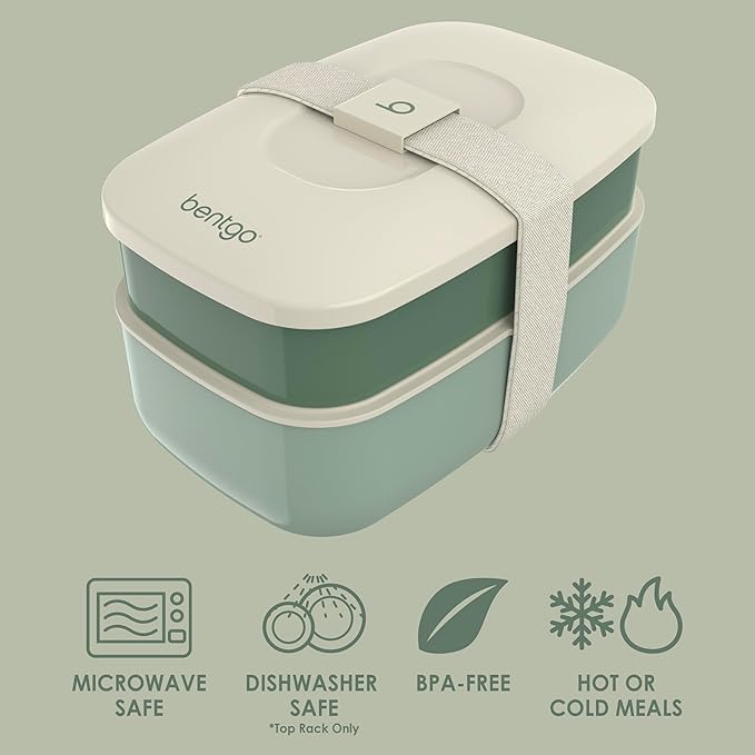 Bentgo Classic - Adult Bento Box, Stackable 3-Compartment Lunch Box with Removable Utensil Set and Sealing Strap, BPA-Free, Food Container Ideal for Meal Prep, Work, and On the Go (Khaki Green)