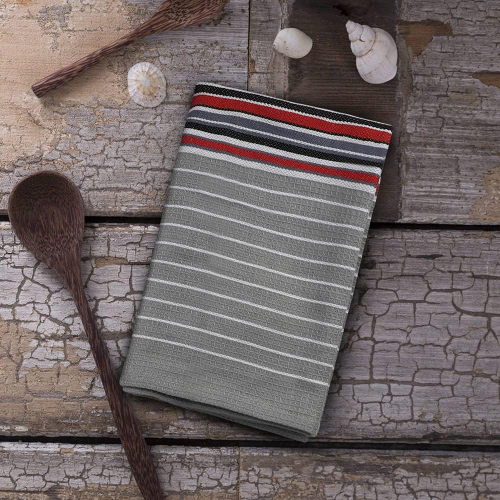 Urban Villa Kitchen Towels Waffle Stripes Dish Towels for Kitchen Grey Color Set of 6 Kitchen Towels Highly Absorbent Cotton Over Sized 20X30 in with Mitered Corners Kitchen Hand Tea Towels