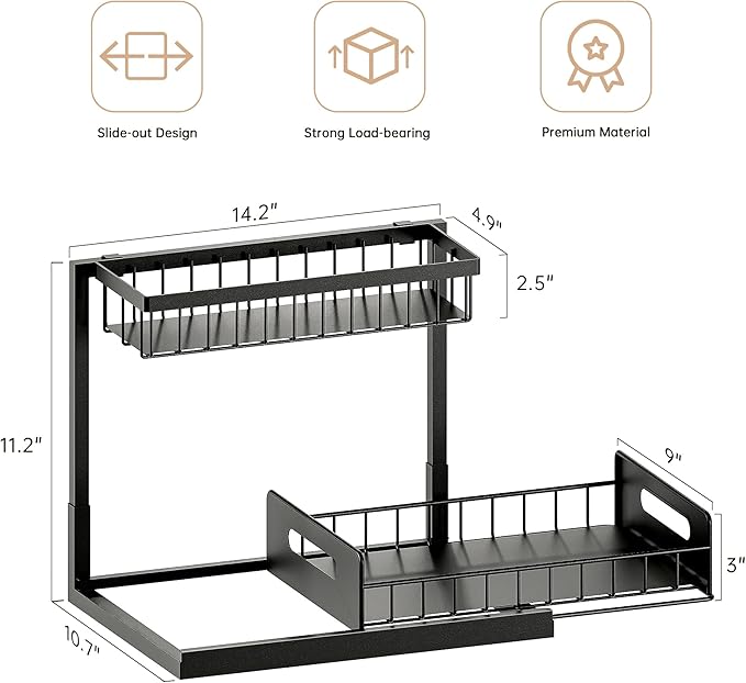 VUSIGN Under Sink Organizers Storage, 2 Tier Under Cabinet Organizer Shelf, Pull Out Kitchen Bathroom Sink Organizer Storage Organization, 2 Pack Black