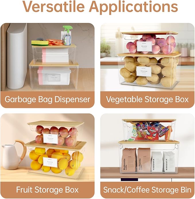 2 Pack Trash Bag Holder Under Sink Stackable, Plastic Garbage Dispenser with Lid, Trash Bag Storage Dispenser Roll Holder for Kitchen, Pantry, Laundry Room Organization