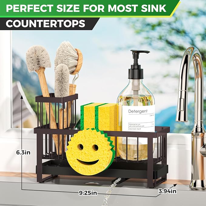 Sponge Holder for Kitchen Sink,Sink Caddy with Removable Dish Brush Holder,Self-Draining Kitchen Countertop Organizers and Storage Essentials,Soap Dispenser Organize and Home Decor-Bronze