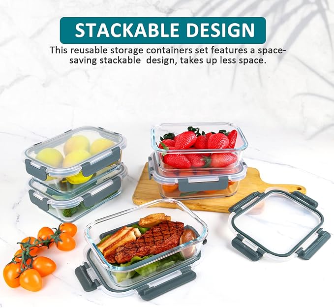 [5-Packs, 30 Oz] Glass Meal Prep Containers with Snap Locking Lids Glass Food Containers,Airtight Lunch Container,Microwave, Oven, Freezer and Dishwasher