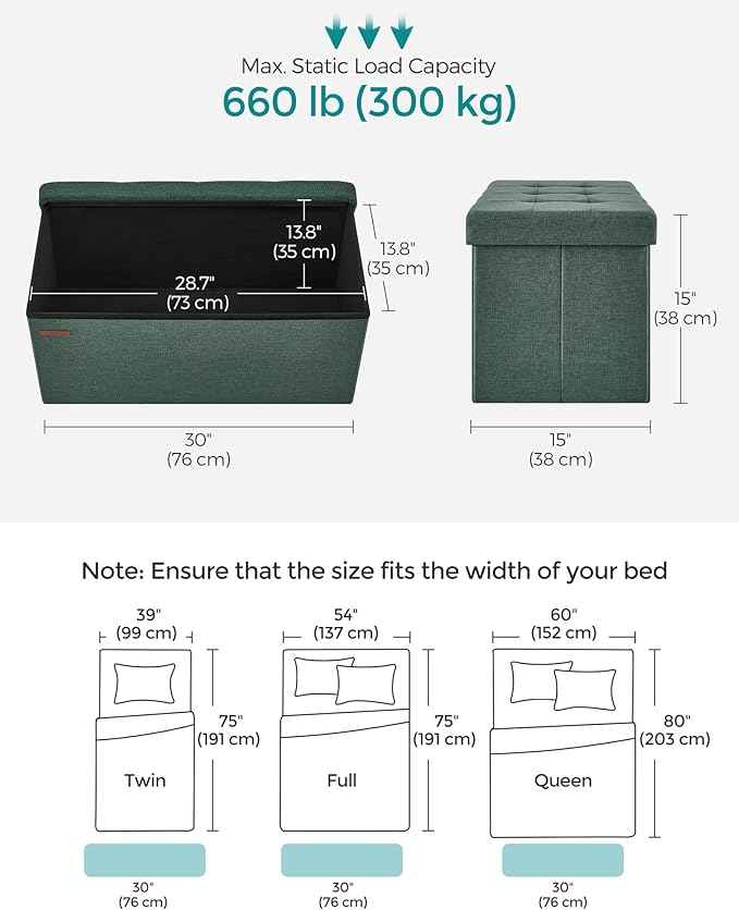 SONGMICS Mazie Collection - 30 Inches Folding Storage Ottoman Bench, Ottoman Foot Rest, End of Bed Bench, Storage Chest, Load 660 lb, for Living Room, Bedroom, Entryway, Retro Green ULSF047C01