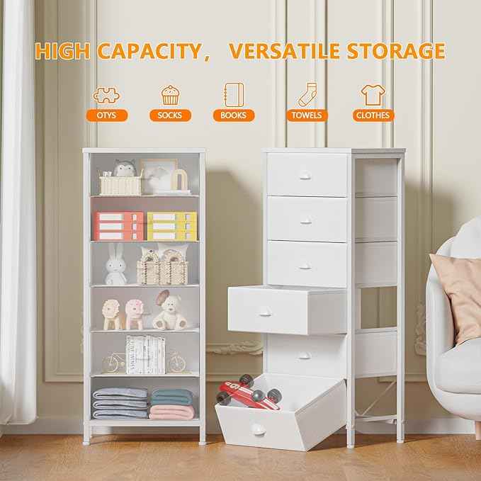 Furnulem White Tall Dresser for Bedroom,Vertical Storage Tower Unit and End Table with 6 Fabric Drawers, Nightstand Furniture with Drawer Organizer in Living Room,Closet,Entryway,Hallyway