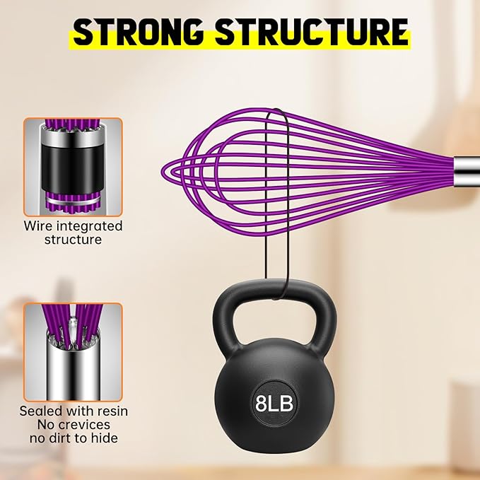 HOTEC 4 Pieces Silicone Whisks Set, Wire Balloon Whisks Egg Beater, Non-slip Handle Whisk for Non-stick Cookware Perfect for Cooking, Stirring, Beating and Blending (Purple)