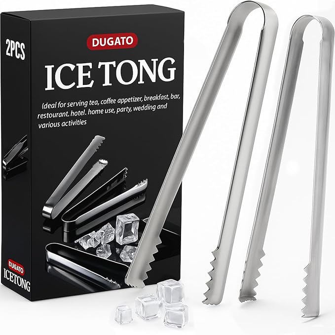DUGATO Stainless Steel Cocktail Tongs (2 Pack, 6.3 inch) - Small Bar Ice Tongs with Sharp Grip Teeth for Ice Buckets, Sugar, Olives & Garnishes - Party Essentials