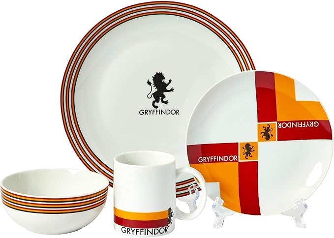 Harry Potter Gryffindor Porcelain 16 piece Dinnerware Set for 4 - Includes 4 Dinner Plates, 4 Salad Plates, 4 Bowls and 4 Mugs