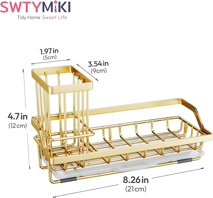 SWTYMIKI Sink Caddy Kitchen Sink Organizer with Detachable Brush Holder, Stainless Steel Sponge Holder with Removable Drip Tray Sponge Caddy for Kitchen Countertop, Gold