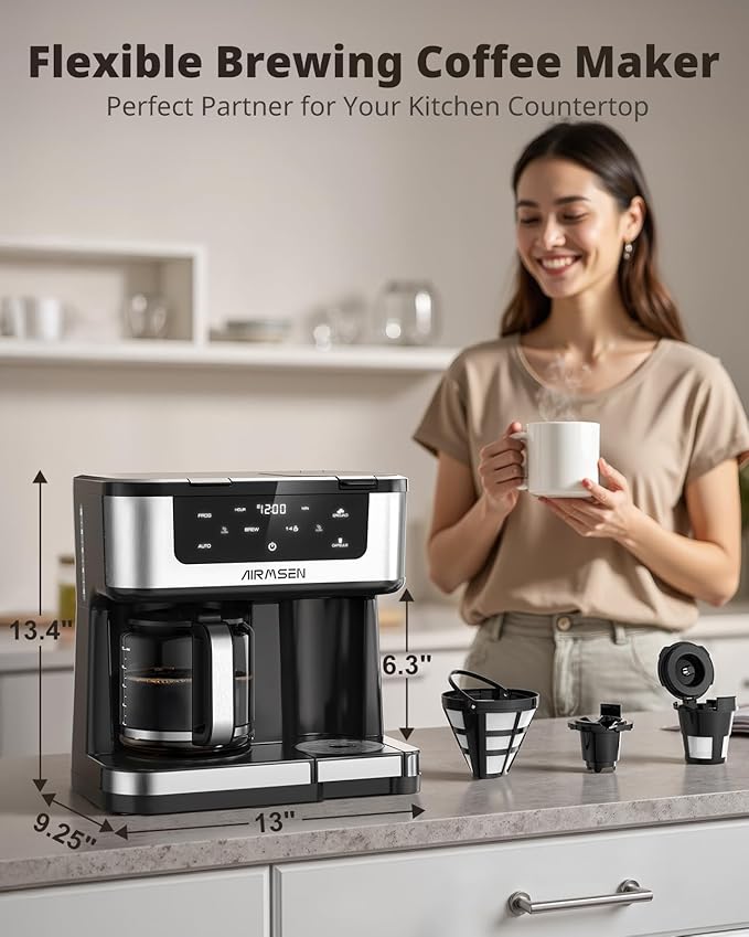 AIRMSEN 12-Cup Programmable Dual Coffee Maker – Single Serve Machine for K-Cup Pods & Ground, 1000W Fast Brew, Delay Start, 2H Keep Warm, Touchscreen, 60oz Tank, Glass Carafe – Home & Office