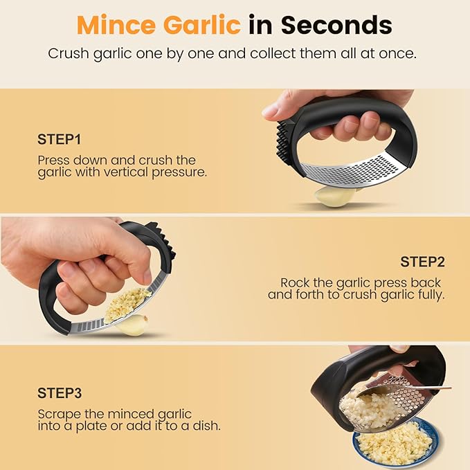 Garlic Press,Stainless Steel Garlic Mincer Crusher,Easy to Use and Clean,Ergonomic Handle,Easy Kitchen Gadget for Effortless Smashing,Kitchen Essentials,Home and Kitchen Utensils Accessories,Cooking