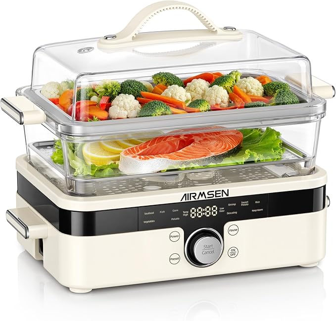 AIRMSEN Glass Food Steamer for Cooking - 8.5QT Vegetable Steamer with 2-Tier Stainless Steel Trays, 1200W Super Fast Heating for Veggies, Seafood & Rice, BPA-Free