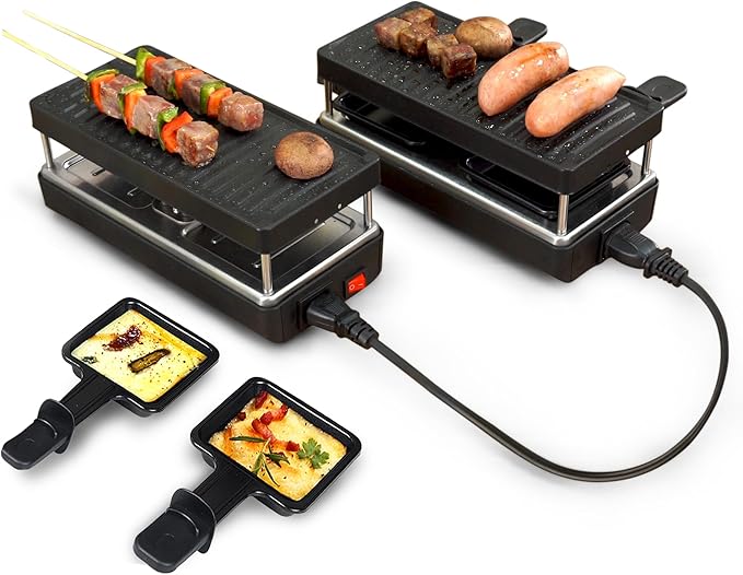2-Person Raclette Table Grill - Indoor Non-stick Electric Grill Griddle - Series Connection Contact Grill up to 4 Grills, 2 Paddles Included, 2 Packs, BC-02