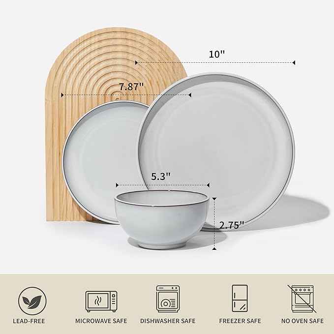 24 Piece Stoneware Dinnerware Set for 8, Moonstone White Plates and Bowls Set, Reactive Glaze Ceramic Dish Set, Durable & Chip Resistant, Modern Rustic Look, Microwave & Dishwasher Safe