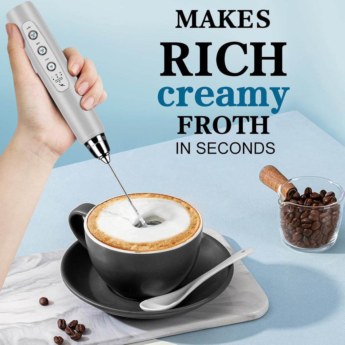 Milk Frother Handheld for Coffee, Electric Whisk 3 Speed Adjustable, Drink Mixer with Stainless 3 Whisks, Rechargeable Hand Frother Wand, Foam Maker for Latte Cappuccino Matcha Egg Silver
