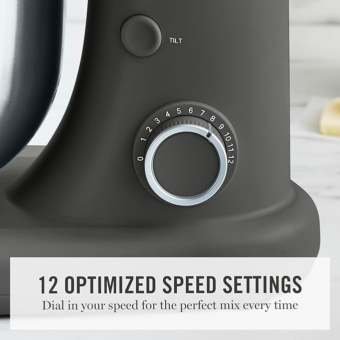 Martha Stewart Stand Mixer, 12 Speed, Tilt-Head, 5.3QT Stainless Steel Bowl, Splash Guard with Pour Chute, Whisk, Dough Hook, Flat Beater, Electric Kitchen Baking Mixer, Bread, Cake, Whip, Caviar Gray