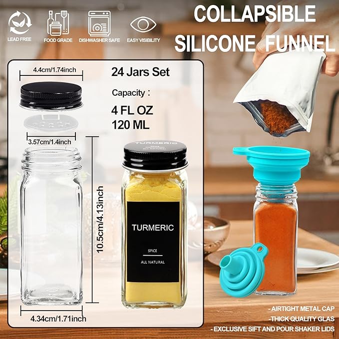 AISIPRIN 24 Pcs Glass Spice Jars with 398 Labels, 4oz Empty Square Spice Containers Seasoning Bottles - Shaker Lids, Funnel, Brush and Marker Included(Black Metal Caps)