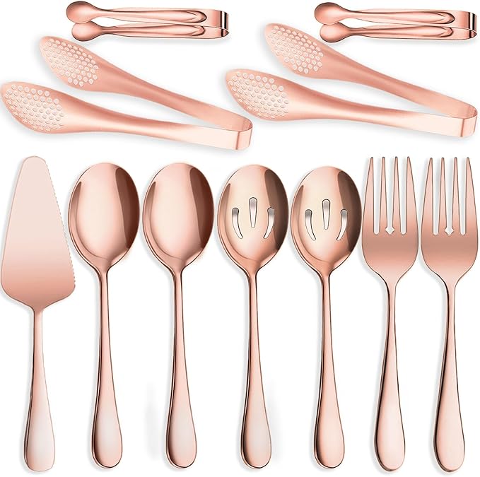 11 PCS Serving Utensils, Large Stainless Steel Spoons Forks Tongs, Pie Server, Great for Hostess Buffet Catering Banquet Party, Rose Gold