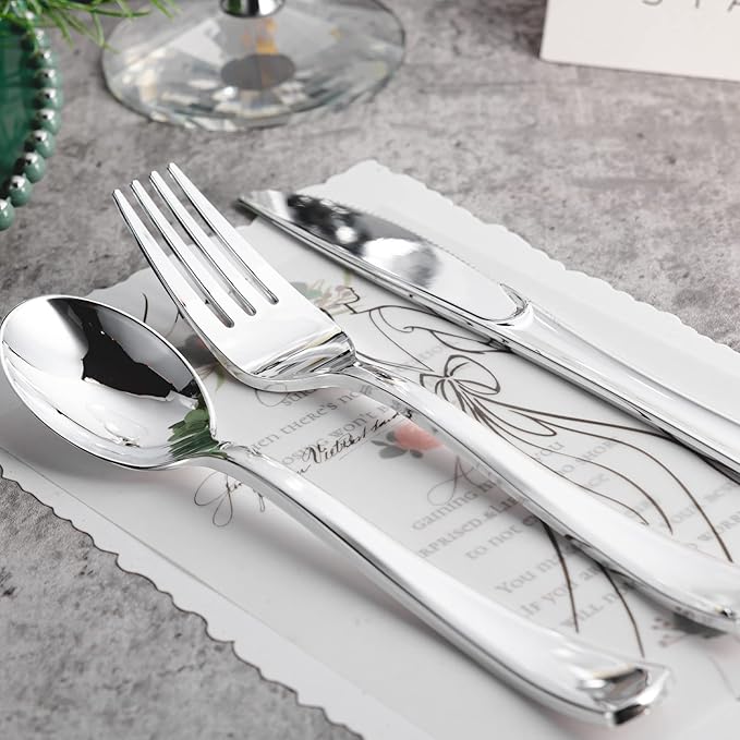 N9R 120PCS Silver Plastic Silverware, Silver Plastic Cutlery Set Disposable Flatware Dinnerware -60 Forks, 30 Spoons, 30 Knives for Wedding, Party, Birthday and Daily Use