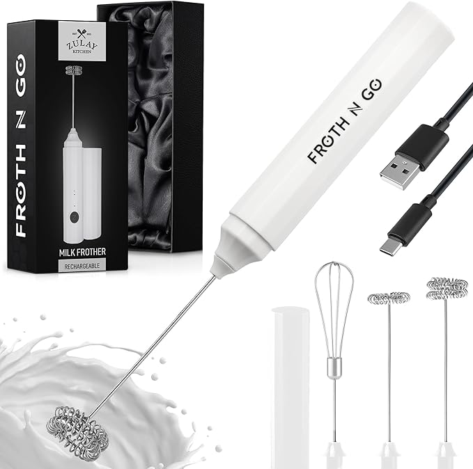 Zulay Froth N Go Milk Frother – Rechargeable 3-in-1 Handheld Frother Wand with Travel Case & USB-C Charger – Single, Double & Egg Whisk for Latte, Cappuccino, Matcha, Protein Shakes – White