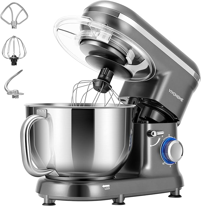 VIVOHOME Stand Mixer, 660W 10 Speed 6 Quart Tilt-Head Kitchen Electric Food Mixer with Beater, Dough Hook, Wire Whip and Egg Separator, Gray