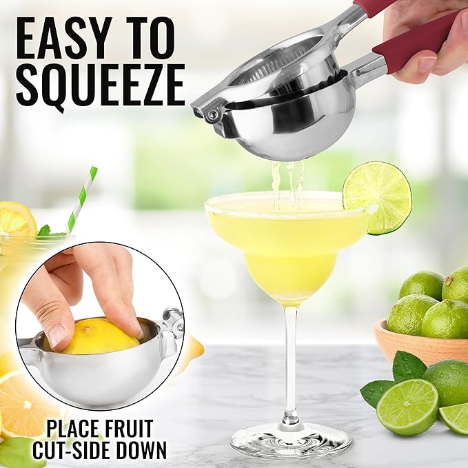 Zulay Kitchen Lemon Squeezer Stainless Steel with Premium Heavy Duty Solid Metal Squeezer Bowl and Food Grade Silicone Handles - Large Manual Citrus Press Juicer and SS Lime Squeezer (Cranberry)