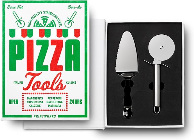 Printworks The Essentials, Pizza Tools – Pizza Cutter & Server Spatula Set with All the Accessories You Need in an Elegant Book-Style Case