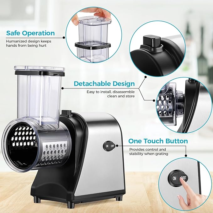 5-in-1 Electric Cheese Grater & Vegetable Slicer – 250W One-Touch Shredder with Stainless Steel Blades for Block Cheese, Vegetables, Fruits & Nuts