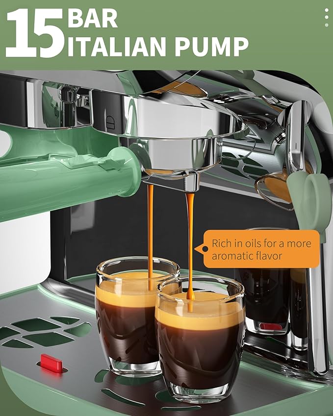 Amaste Espresso Machine with Grinder, 15 Bar Espresso Machine with Steam Wand for Latte and Cappuccino, 68Oz Water Tank, Pre-Infuse Brewing, Espresso Coffee Maker for Home Use, Barista Kit, Green