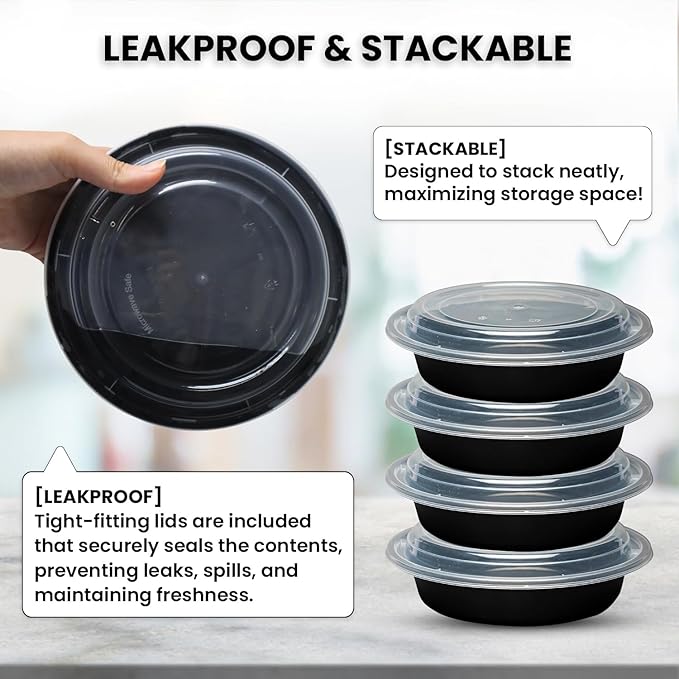 Klex 24 Oz, 50 Sets Meal Prep Containers with Airtight Lids, BPA Free, Reusable Plastic Food Container, 24 oz, Round, Black/Clear, 50 Sets