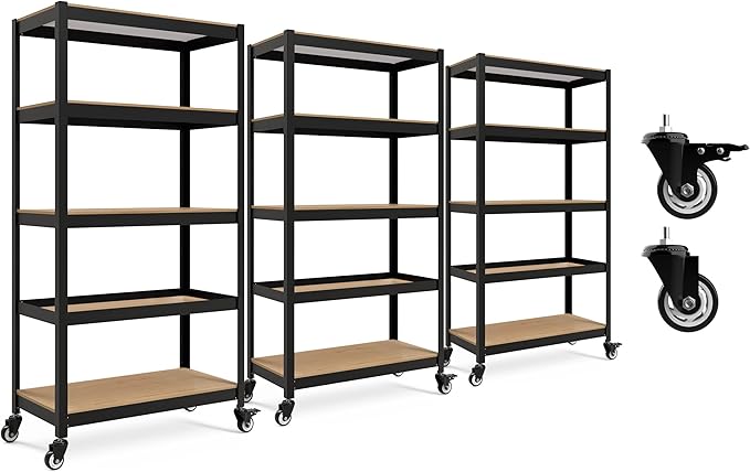 HOMEDANT House 5-Tier Metal Rolling Cart Shelf Rack Casters Heavy Duty Laminated Wheel Shelving Unit Adjustable Utility Storage Shelves Organizer Shelf Kitchen Garage 36.2" W x 16.5" D x 69.5" H 3Pack