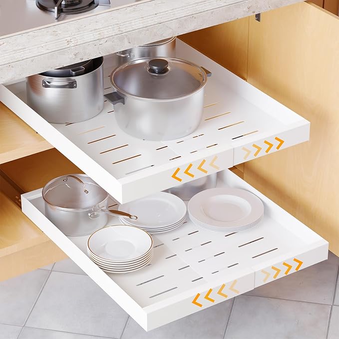 SpaceAid Pull Out Cabinet Organizer, 1 Pack Expandable 11.8"-19.6" (Need to Pull to Widen) Heavy Duty Pull-Out Drawer with Adhesive Tape for Kitchen Storage Cabinets (White, 21" Deep)