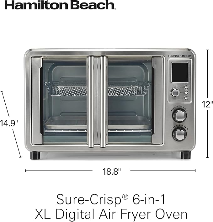 Hamilton Beach Sure Crisp 6-in-1 XL Digital Air Fryer Toaster Oven Combo, With Easy-Access French Doors, Bake, Broil, Toast, Pizza & Reheat Functions, 0.9 cu. ft. Capacity, Stainless Steel (31191)