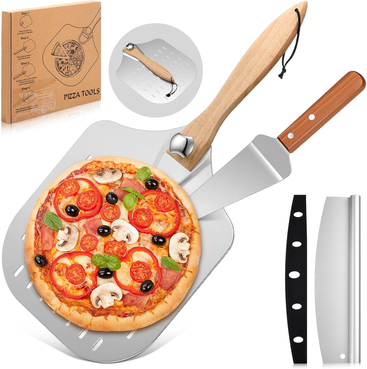 Perforated Pizza Peel 12 x 14 Inch Paddle Spatula with Foldable Handle Pizza Cutter Rocker 14'' Blade and Metal Spatula for Family Oven Accessories and Chopper Knife Tools