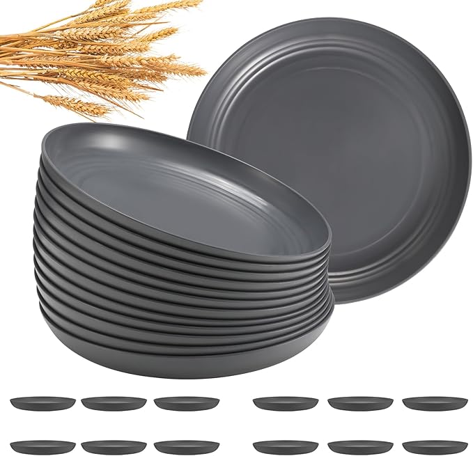 12 Pcs Unbreakable Deep Dinner Plates Set, 10 inch Reusable Plastic Wheat Straw Plates, Microwave and Dishwasher Safe Plate for Kitchen, Lightweight Plate for Dessert, BPA Free, Dark Gray