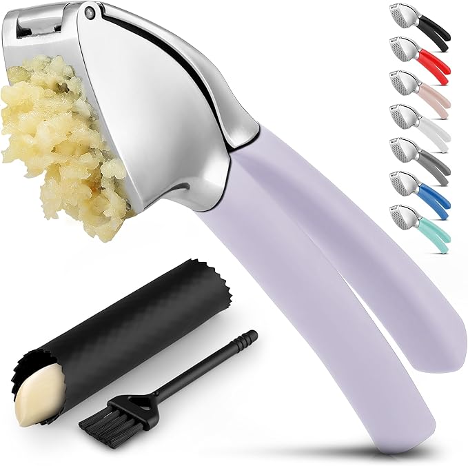 Zulay Kitchen Comfort Grip Garlic Press - Garlic Mincer Tool - Garlic Crusher - Garlic Press Mincer Rust Proof, with Soft Ergonomic Handle, Easy Clean Set with Peeler and Brush - Lavender