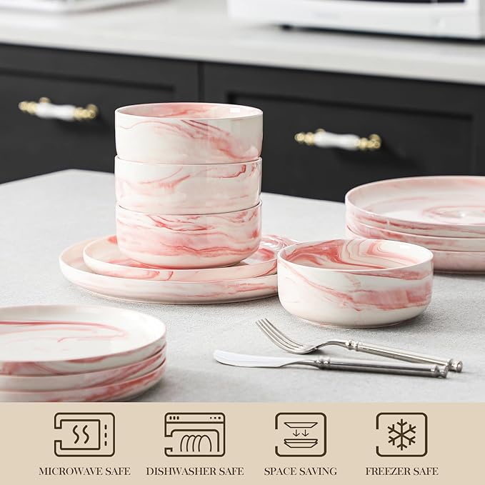 MALACASA Plates and Bowls Sets, 12 Pieces Porcelain Dinnerware Sets Dishware Sets Chip Resistant Ceramic Dish Set Dining Dinner Ware Service for 4, Marble Pink, Series LUNA