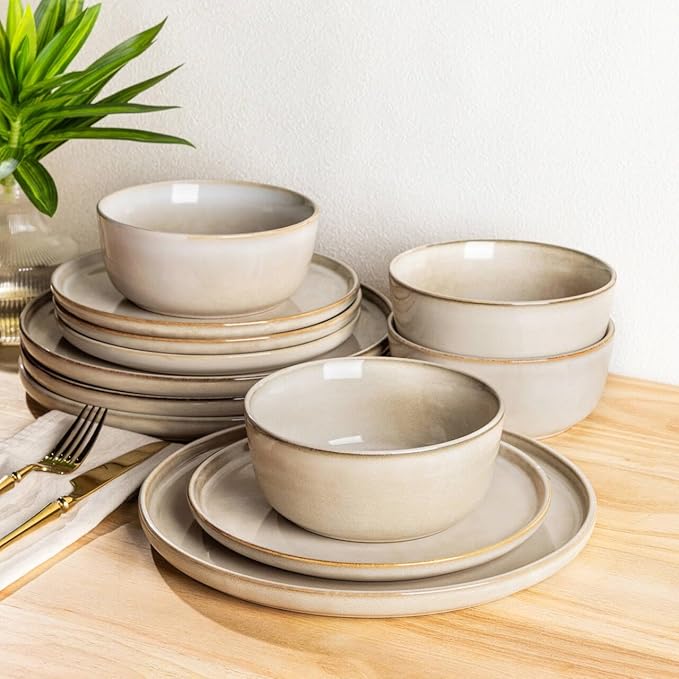 AmorArc Stoneware Dinnerware Sets,Round Reactive Glaze Ceramic Plates and Bowls Sets,Highly Scratch Resistant | Microwave & Dishwasher Safe,Cappuccino,Service for 8 Dishes Set