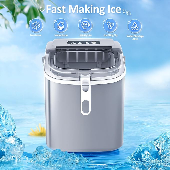 Antarctic Star Ice Maker Machine Countertop,Portable Automatic 9 Ice Cubes Ready in 8 Minutes,Makes 26 lbs of Ice per 24 Hours,Self-Clean,See-Through Lid for Home/Bar/Party (Stainless Steel)