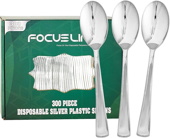 FOCUSLINE 300 Pack 6.8" Disposable Silver Plastic Spoons, Solid and Durable Plastic Cutlery Spoons, Heavy Duty Disposable Utensil Silverware for Catering, Parties, Dinners, Weddings