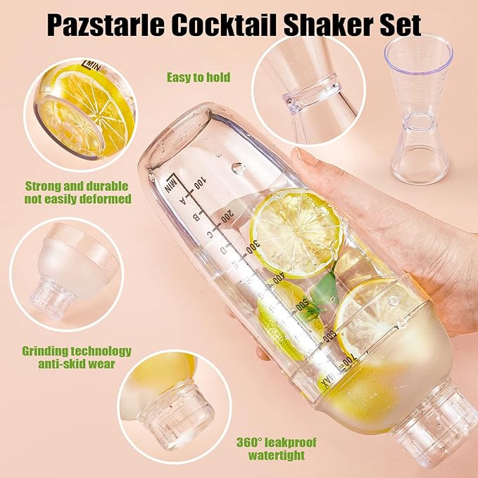 8 Pcs Plastic Cocktail Shaker Set 6 Pcs 24 oz Drink Shaker 2 Pcs Double Measuring Jigger Clear Plastic Bottle Tea Drink Mixer Cocktail Measuring Cup for Kitchen Bar Party Tools