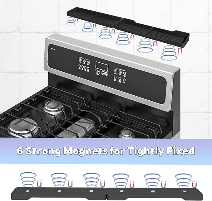 30 Inch Magnetic Silicone Stove Top Shelf,Heat Resistant Over The Stove Spice Rack for Kitchen,Space Saving Organizer Back of Stove,Includes 6 Additional Sticky Boards(Black,30''x3.8'')