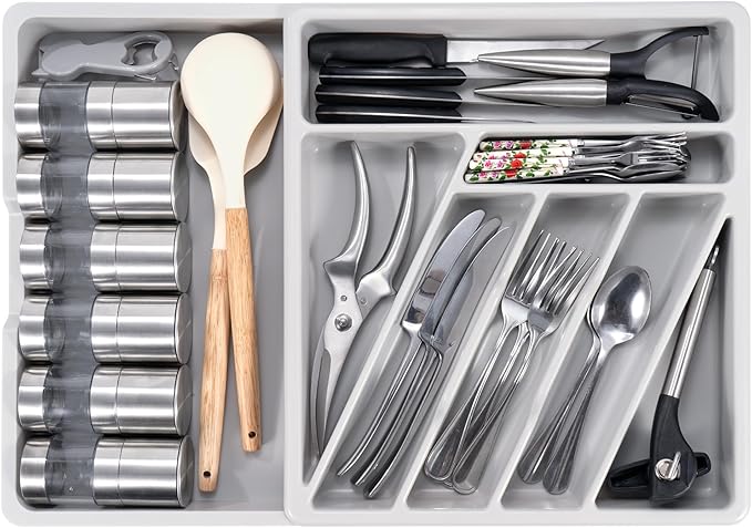 Li&Zhao Silverware Organizer - Expandable Kitchen Drawer Organizer Cutlery Drawer Organizer Flatware Organizer for Drawer Utensil Tray for Kitchen Plastic Silverware Holder for Spoons Knives Forks