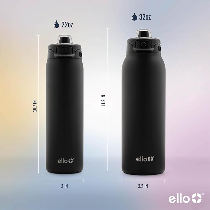 Ello Pop & Fill 32oz Stainless Steel Water Bottle with Quick Fill Technology, Double Walled and Vacuum Insulated Metal, Leak Proof Locking Lid, Sip and Chug, Reusable, BPA Free, Black
