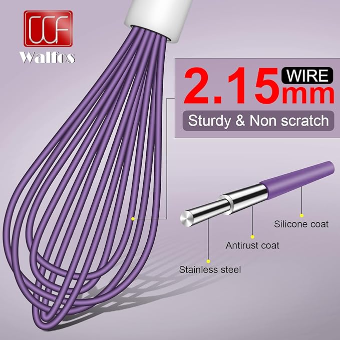 Walfos Whisk,Silicone Whisk Heat Resistant (480°F) Kitchen Whisks set of 5.Non Scratch Coated Whisks for Nonstick Cookware,Egg Wisk Premium for Blending,Whisking,Beating,Frothing. (Purple)