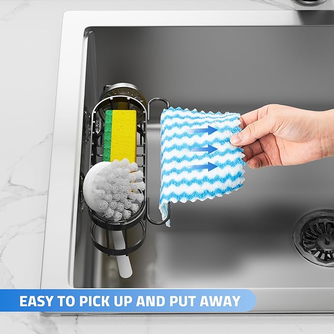 Cisily Kitchen Sink Caddy Sponge Holder in The Sink, Stainless Steel Kitchen Sink Organizer, Brush Holder, Dish Cloth Hanger, Sink Stopper Holder with 2 Installation Ways (Suction & Adhesives