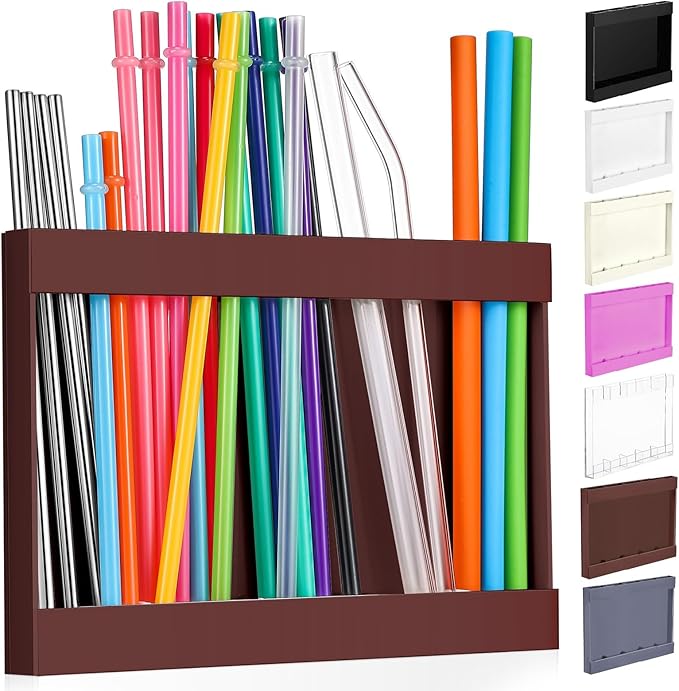 Qinyoung Acrylic Straw Holder for Cabinet Door with Double Sided Adhesive Tape Reusable Straw Organizer Tumbler Storage Kitchen Accessories Container for Counter Cupboard(Classic,Large,Brown)