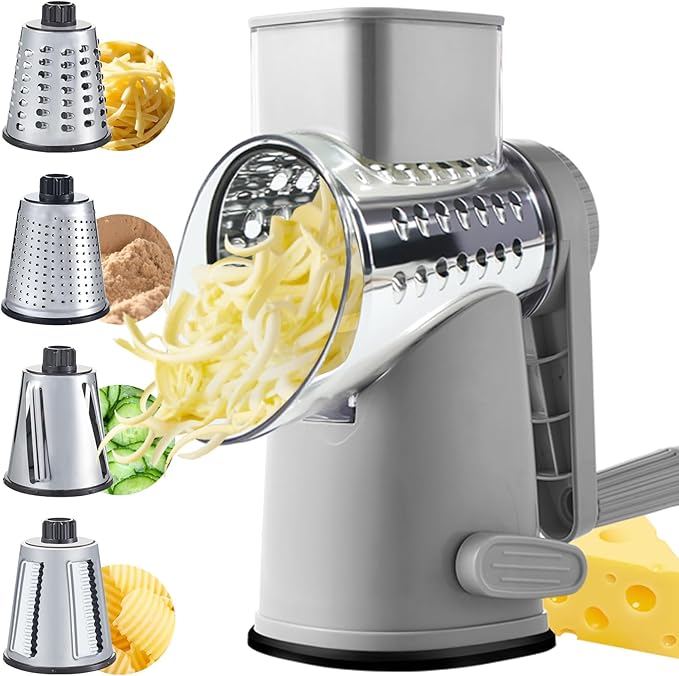VEKAYA Cheese Grater, Cheese Grater Hand Crank, 4 Interchangeable Blades Cheese Shredder, Vegetable Slicer, Non-slip Suction Base, Easy to Clean Rotary Grater with Handle (Grey)