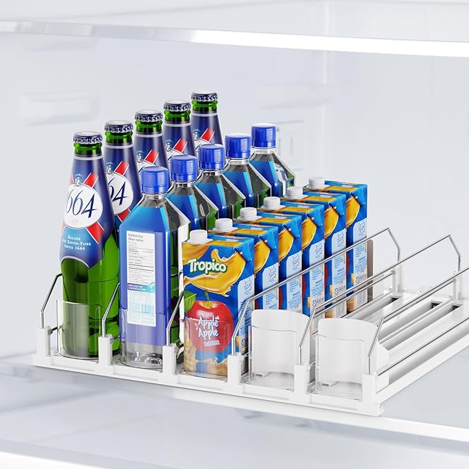 Dayacoco Drink Organizer for Fridge,5 Rows Fridge Soda Can Organizer,20oz 16oz 12oz-Self Pushing Soda Dispenser for Fridge,Adjustable Width-Holds up to 25 Cans,White